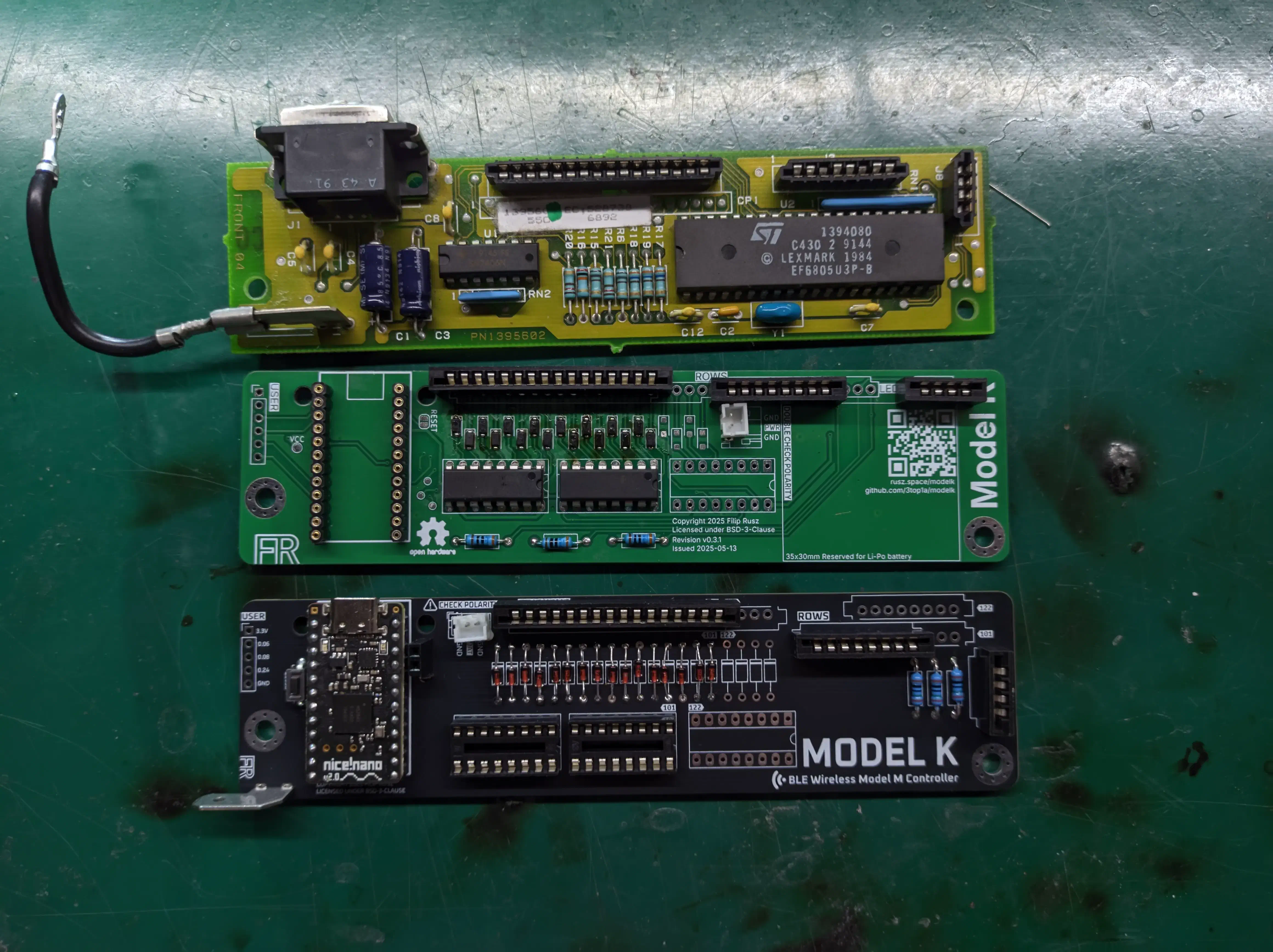 Top to bottom: Original controller, modelk revision 0.3, modelk revision 0.10.
