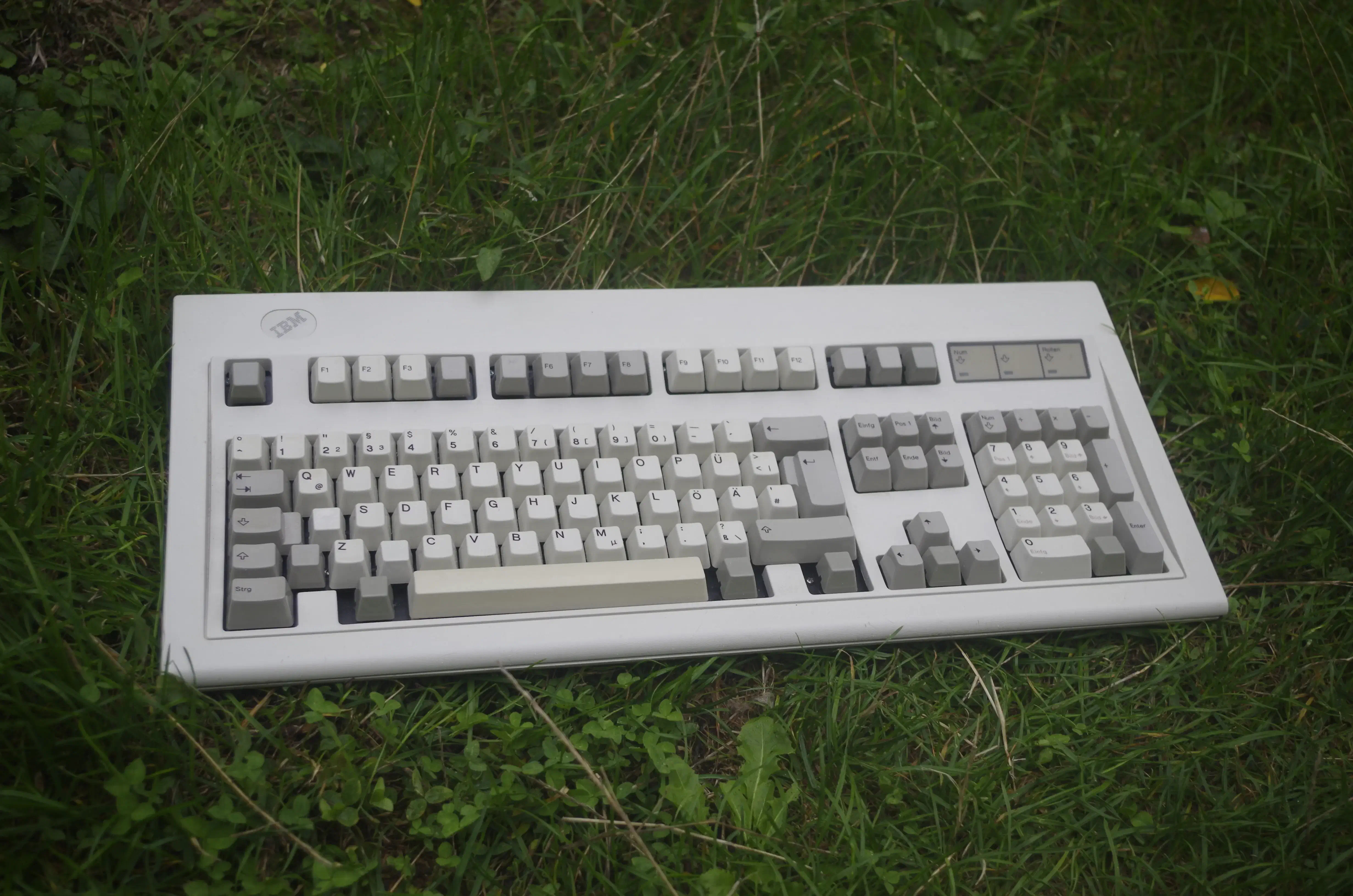 My IBM Model M from 1991. Incidentally, this image is the first recorded instance of a Model M owner touching grass.