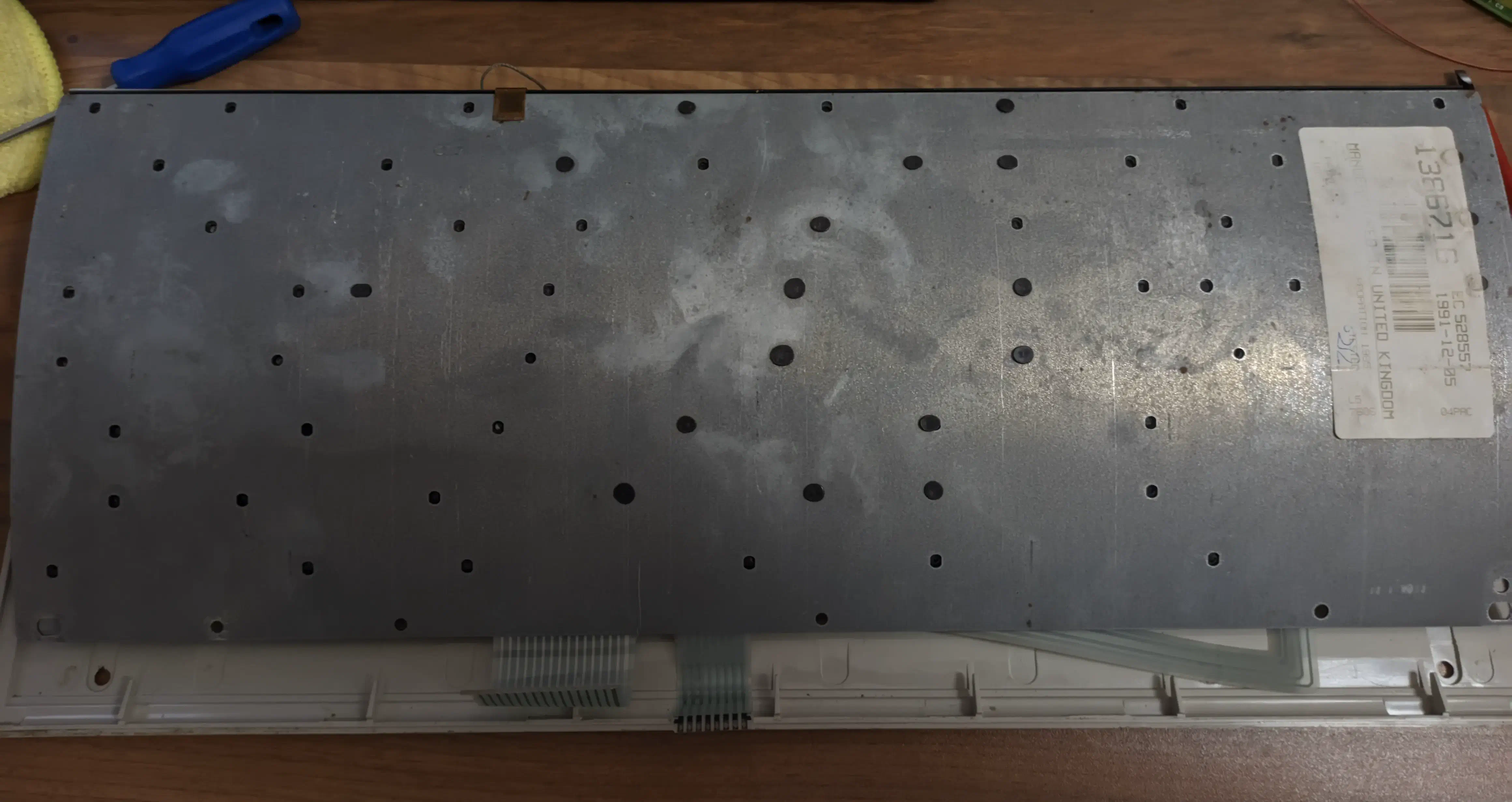 Back of the baseplate assembly. Most of the plastic rivets are missing, only a cluster around the middle survived.