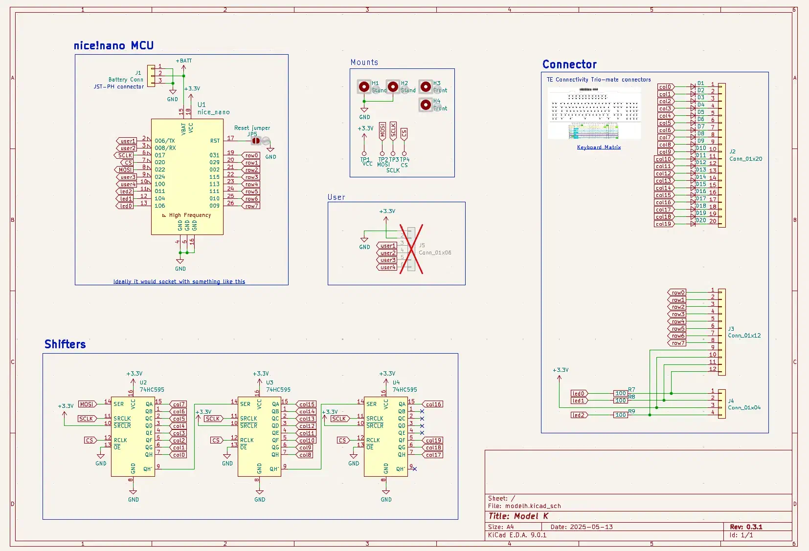 Schematic of the first modelk drawn in KiCad.